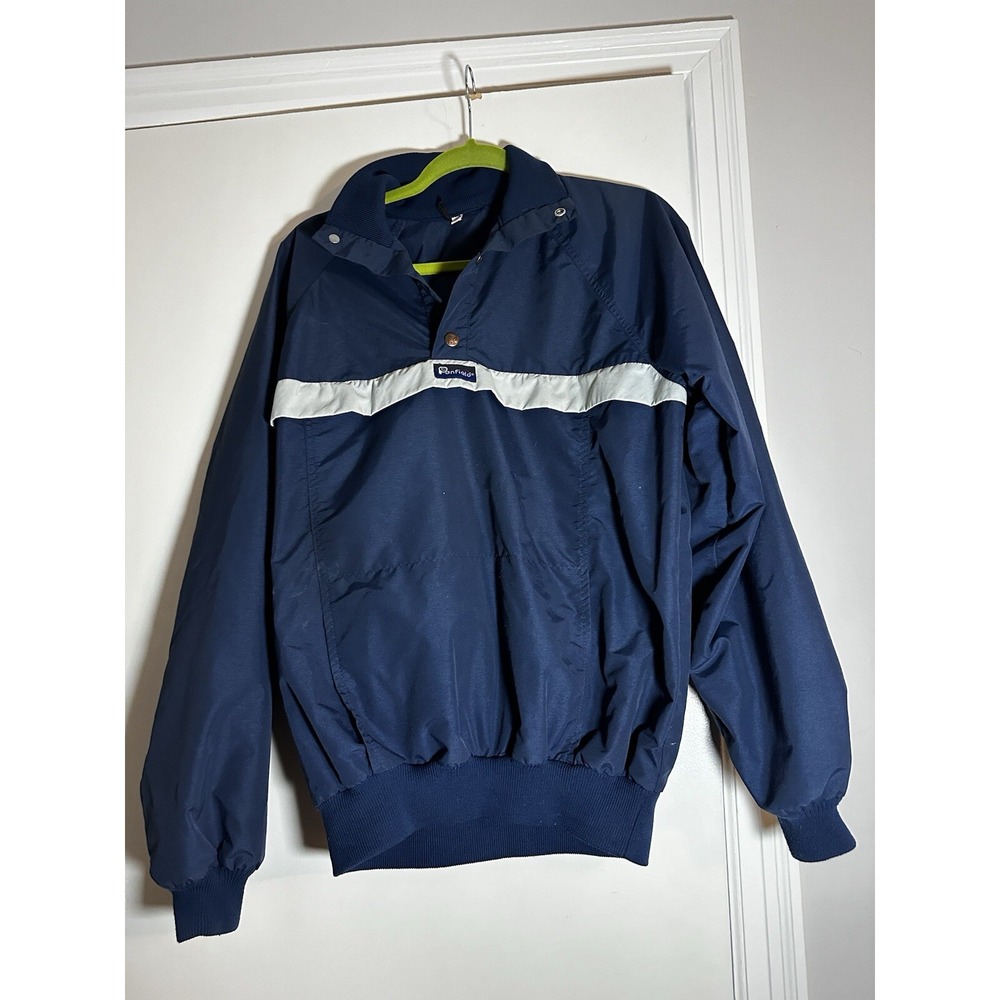 VTG 80s Penfeld Men's Sz:M 1/4 Zip Snap Pullover. Navy Grey Horizontal Strip